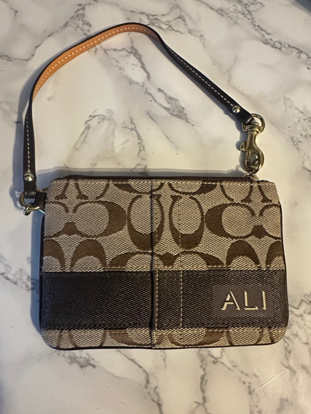 Coach Brown Signature Canvas Wristlet with Dark Trim - EUC Engraved with Ali